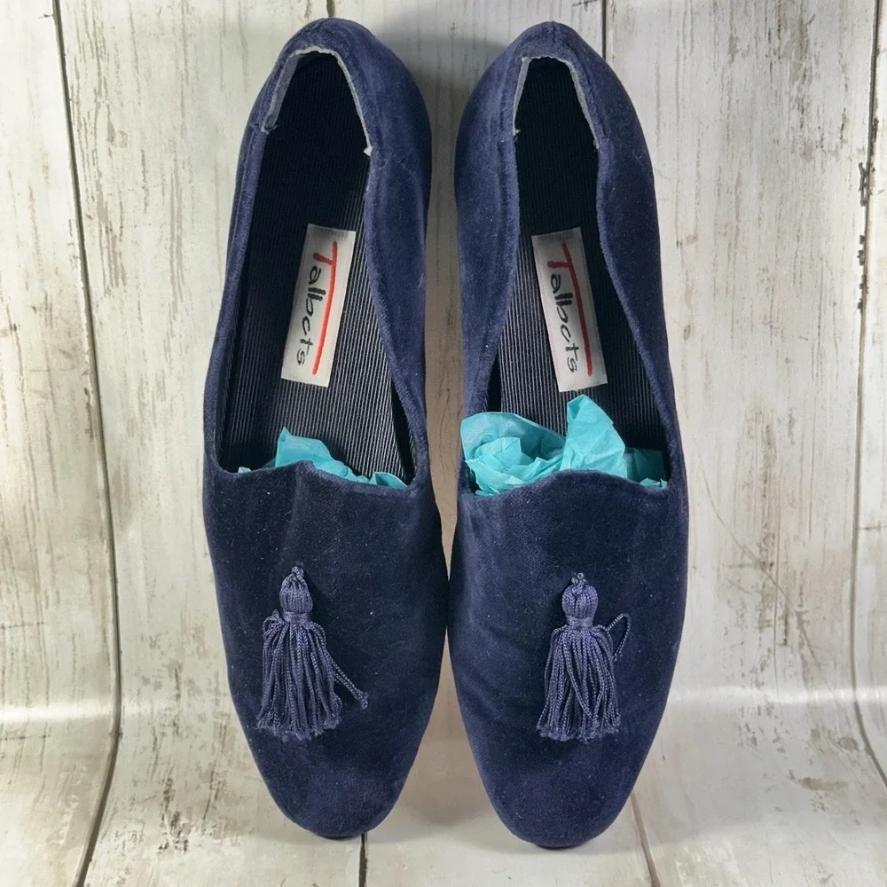 Talbots Womens Blue  Velvet Slip On‎ Smoking Flats Tassels Loafers Shoes sz 8AA